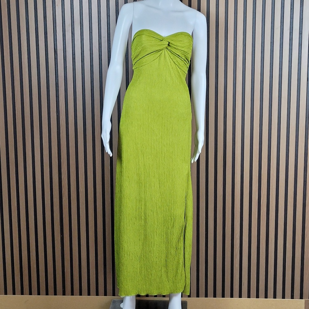 SHEIN Curve Maxi Dress Womens 1XL Green Excellent Strapless Plisse Tie Back Slit